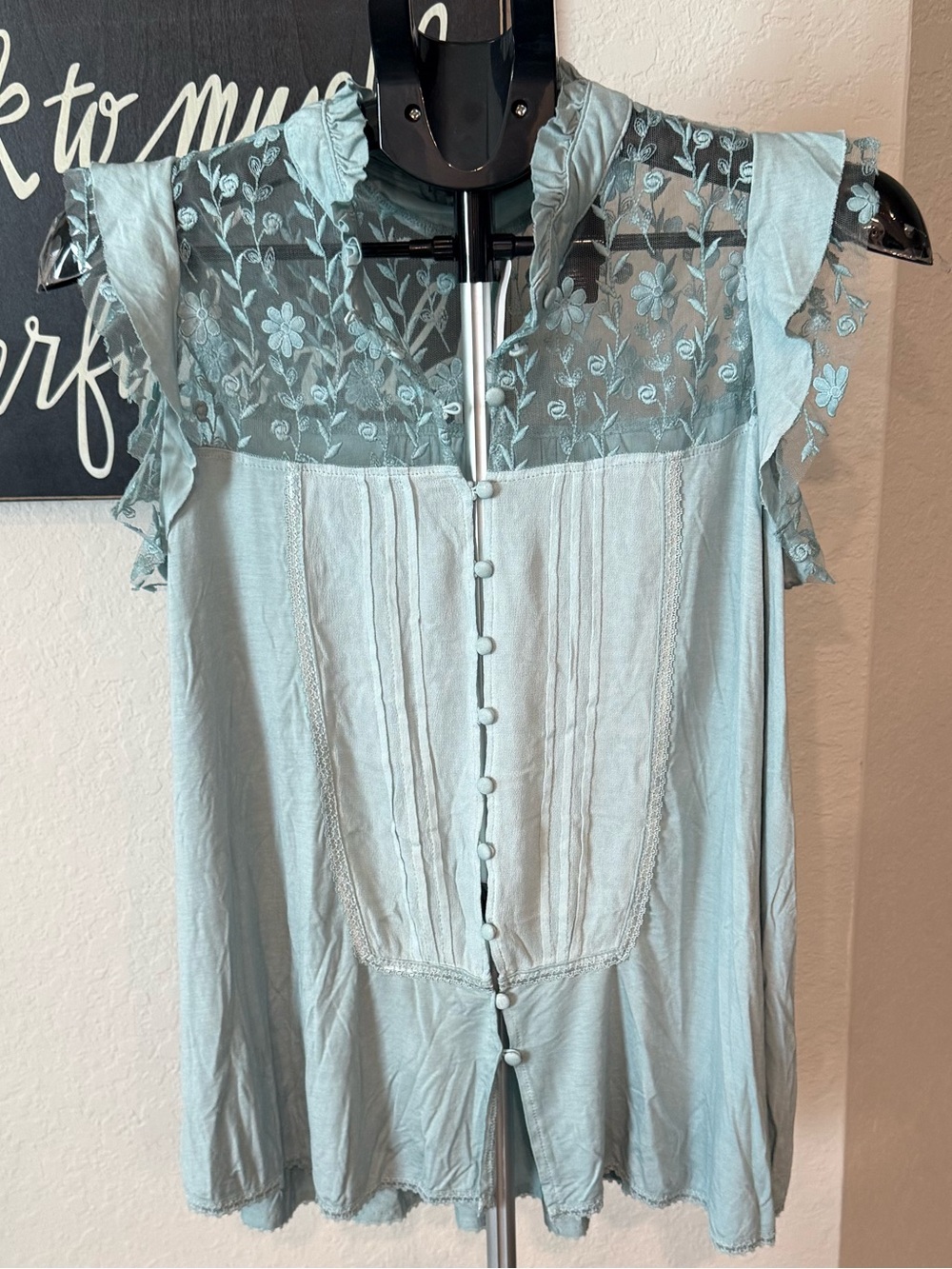 POL Light Blue Sheer Yoke Ruffle Sleeve Blouse